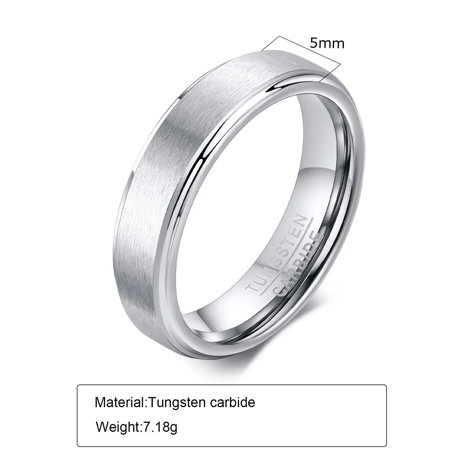 Aliança em Tungsténio Prateada, com 5mm de Largura, Plana e Fosca em Cima, Brilhante e Arredondada nos Lados - REF9063 - Image 4