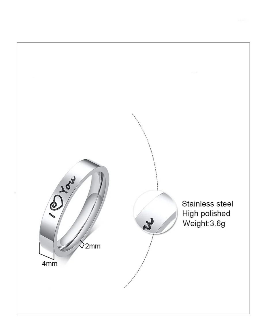 Aliança Prateada I Love You com Coração (4mm) em Aço - Alianças de Namoro ou Compromisso (para Namorados) - REF1610 - Image 7
