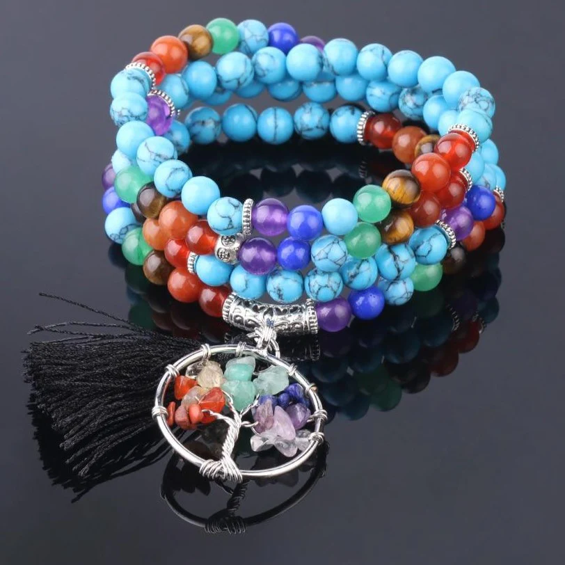 Japamala 7 Chakras com Pedras Naturais Howlita Azul e Árvore da Vida com Tassel - REF1005 - Image 6