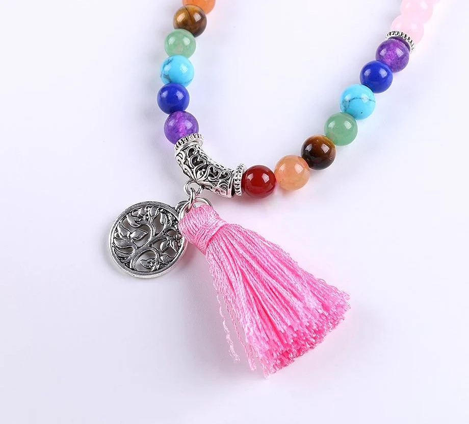 Japamala Quartzo Rosa e Pedras 7 Chakras com Tassel Rosa e Pendente Raízes - REF1043 - Image 3