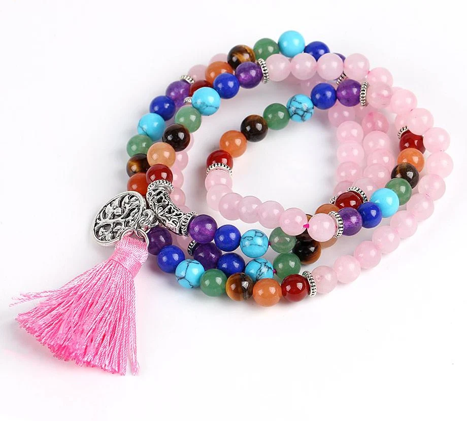 Japamala Quartzo Rosa e Pedras 7 Chakras com Tassel Rosa e Pendente Raízes - REF1043 - Image 4