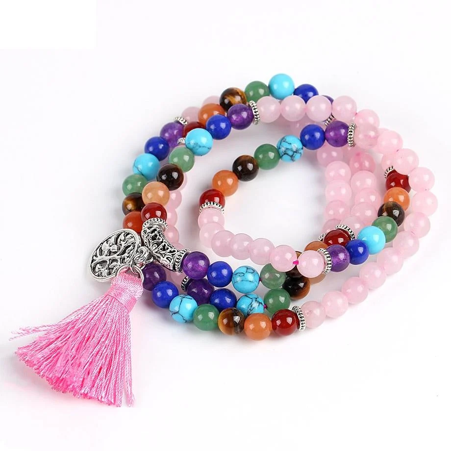 Japamala Quartzo Rosa e Pedras 7 Chakras com Tassel Rosa e Pendente Raízes - REF1043 - Image 5