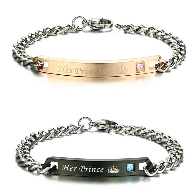 Conjunto de Pulseiras para Namorados ou Casais - His Princess/Her Prince com Coroa e Pedra - em Aço - REF1071 - Image 4
