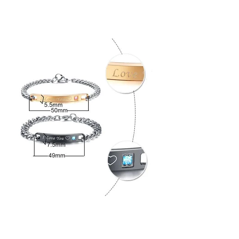 Conjunto de Pulseiras para Namorados ou Casais - I Love You com Coração e Pedra - em Aço - REF1067 - Image 6